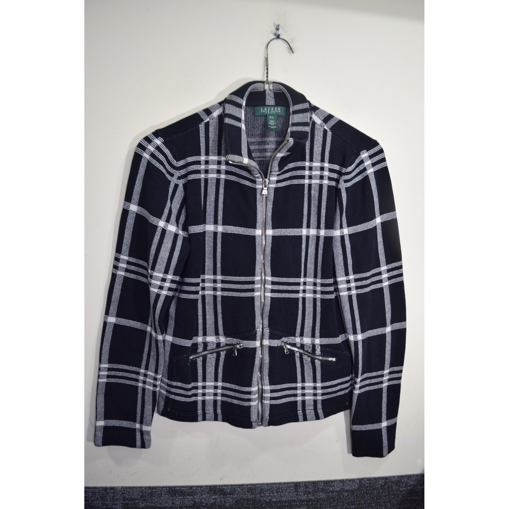 Lauren Ralph Lauren Petite Black White Plaid Full Zip Cotton Cardigan Sweater PL